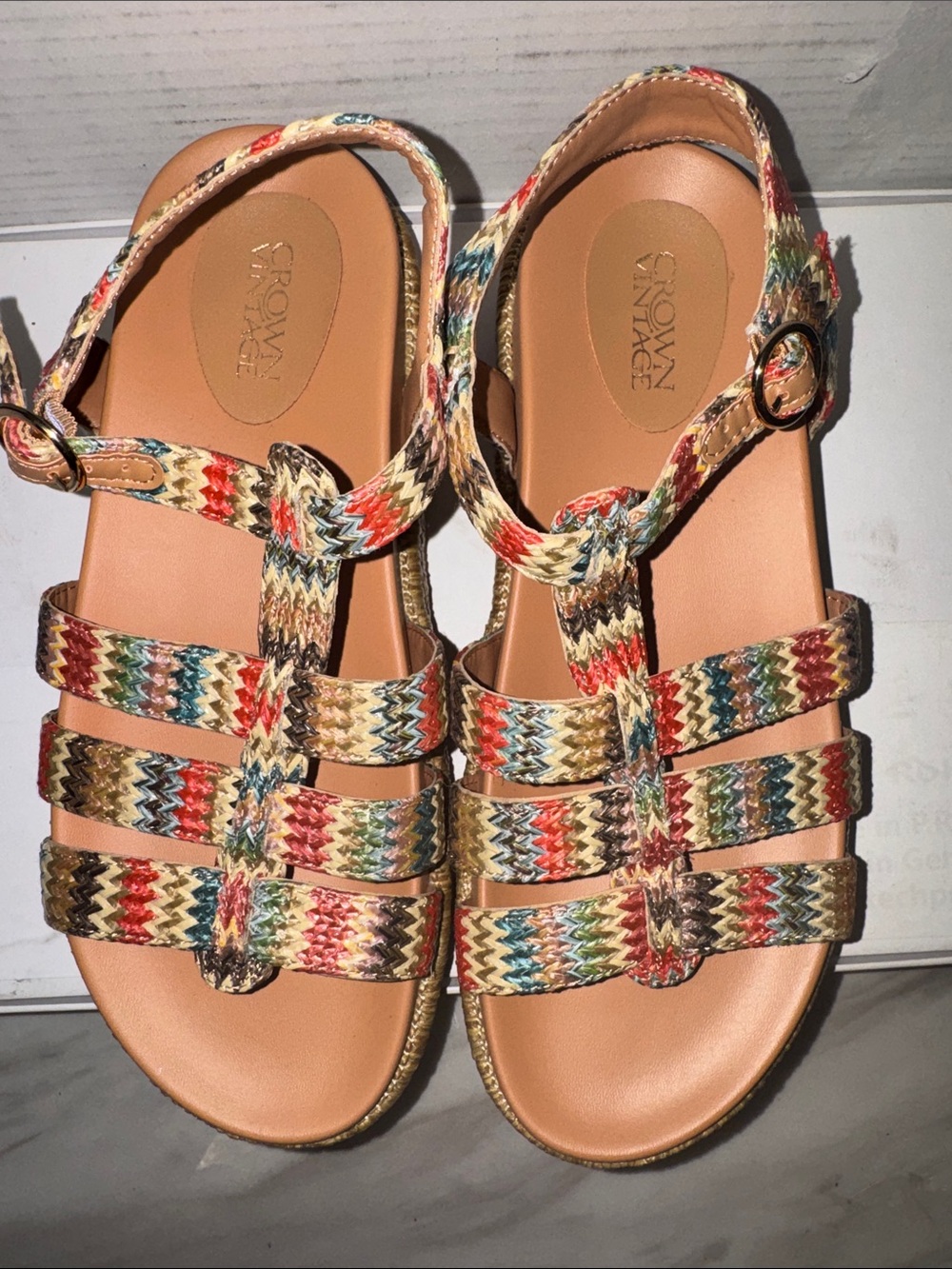 Crown Vintage Multicolor Woven Strappy Sandals with Tan Footbed - Picture 3 of 11